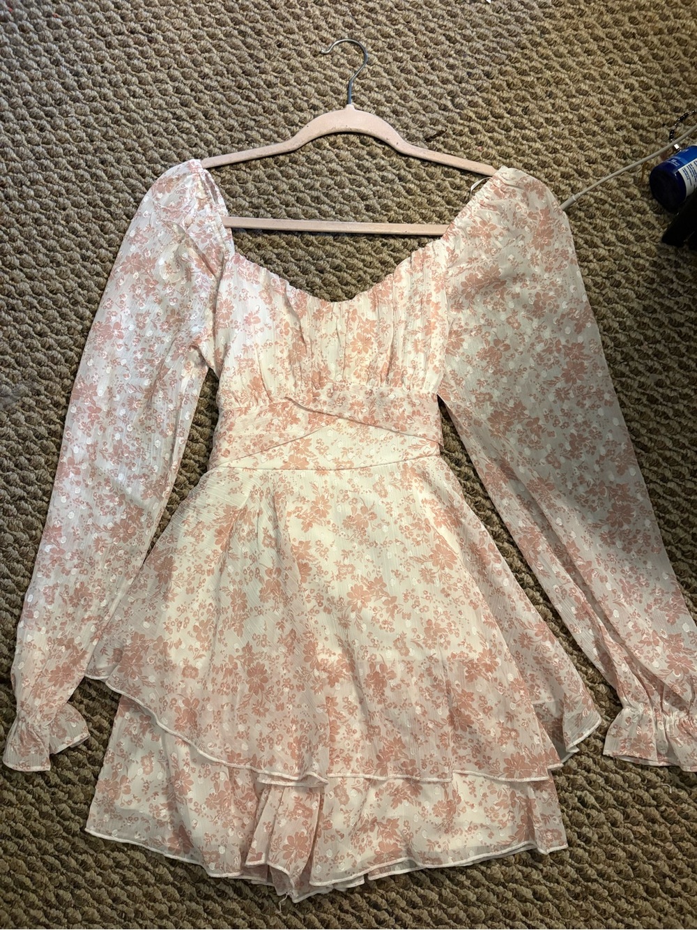 Floral Puff-Sleeve Tiered Mini Romper in Blush Pink and White